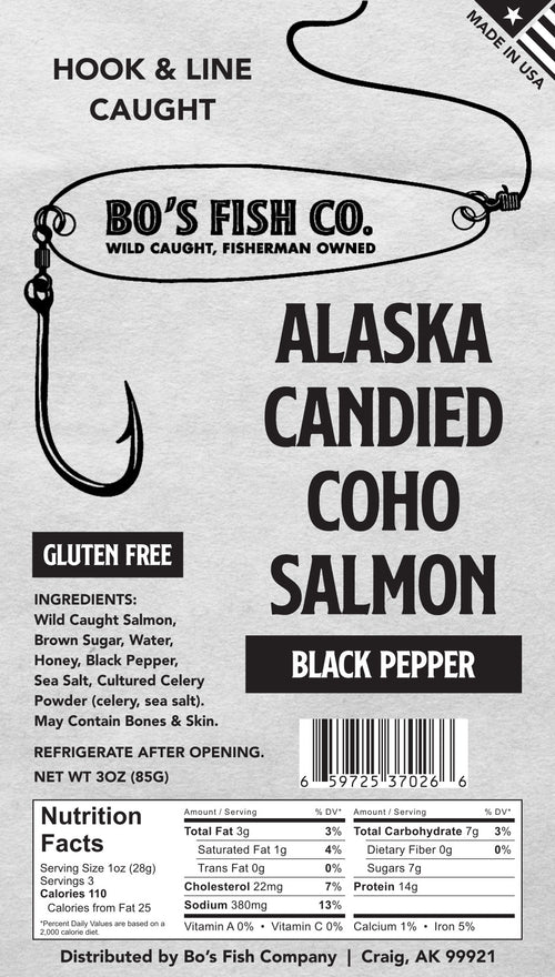Black Pepper Candied Coho Salmon Jerky